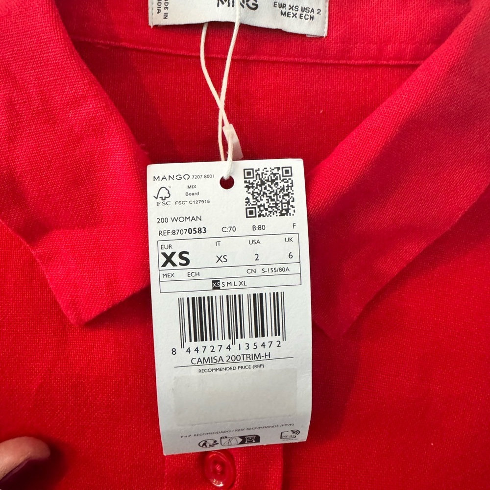 MANGO Red Scalloped Trim Cotton Button-Down Blouse (XS, NWT) E90 - Picture 6 of 8